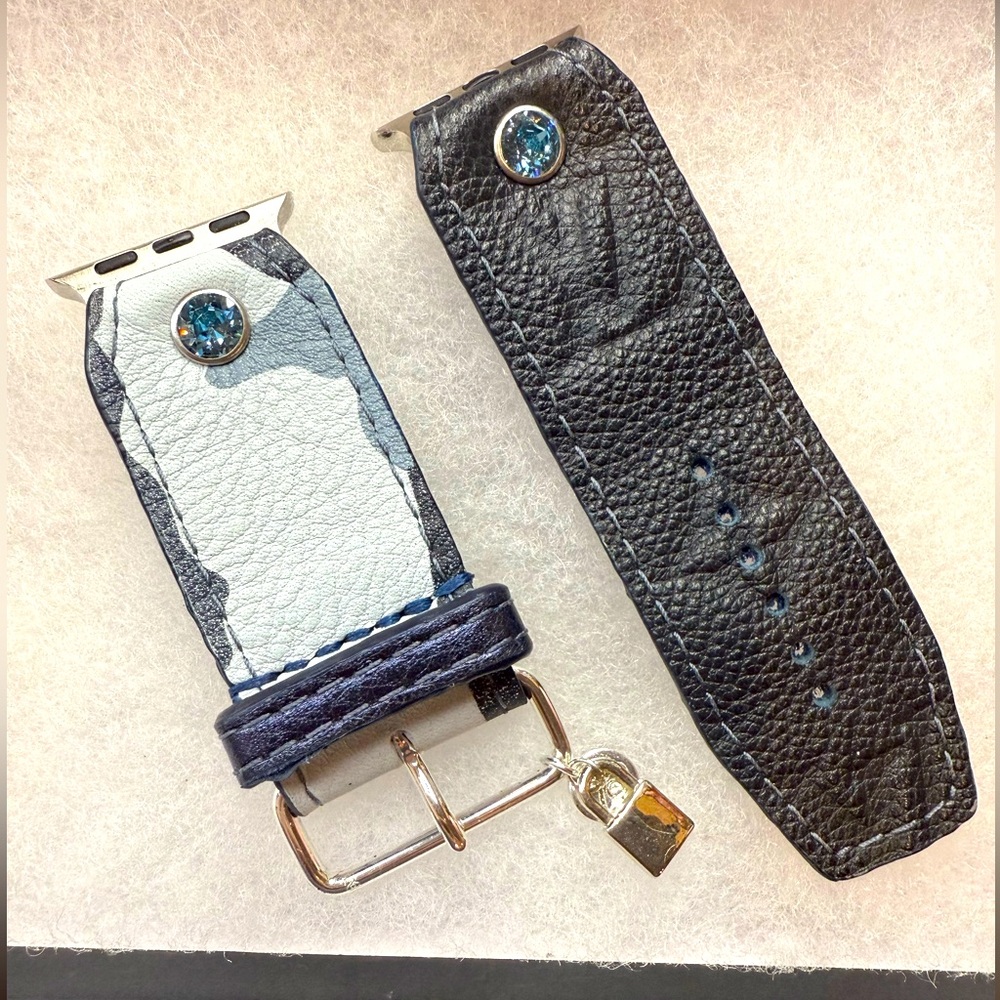 Upcycled LV Navy Blue with camo Apple Watch Band adapters 38-41mm